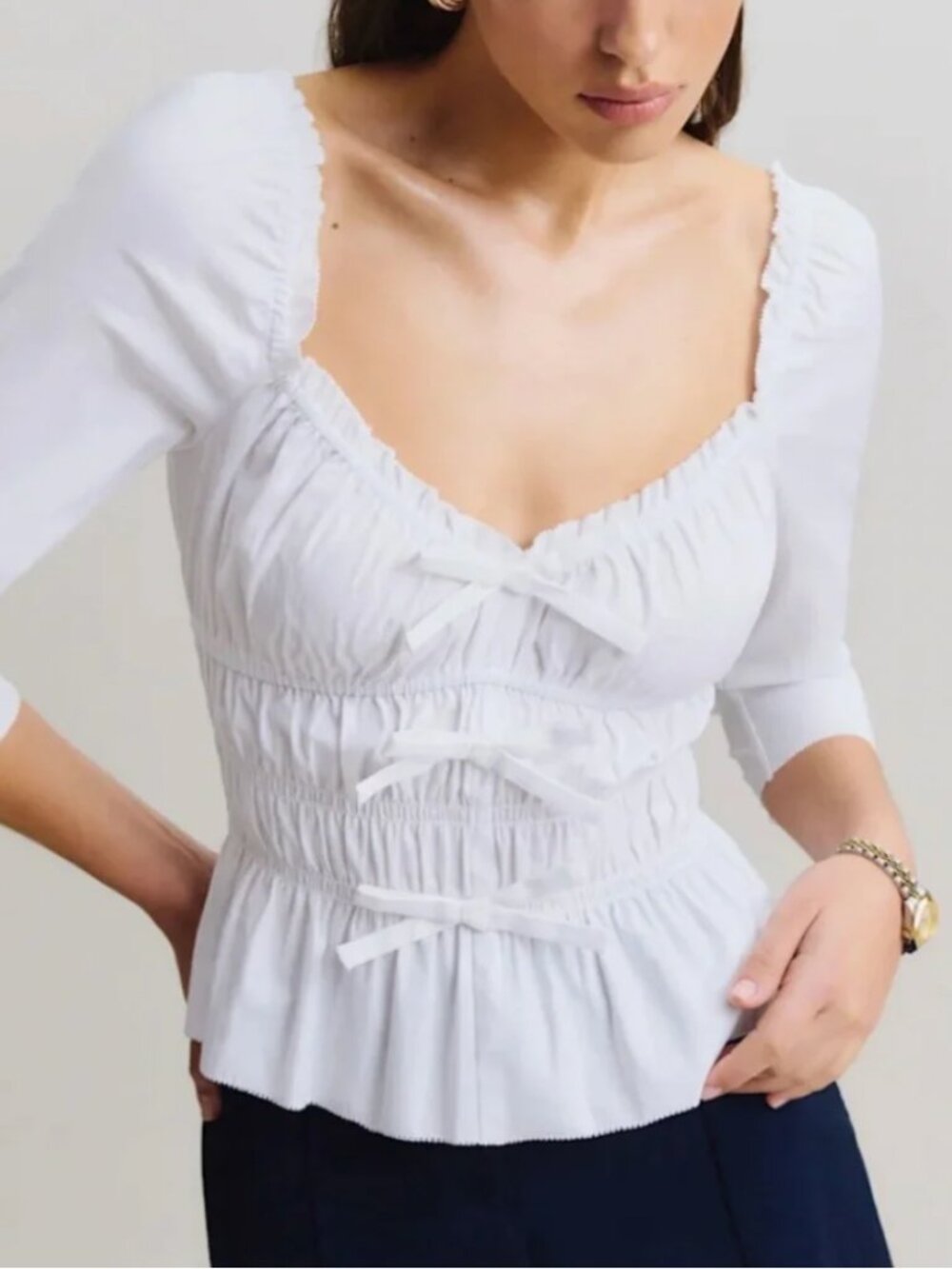 ✨ SALE✨Reformation Lauryn Top White Bow French Cotton Strechy Blouse